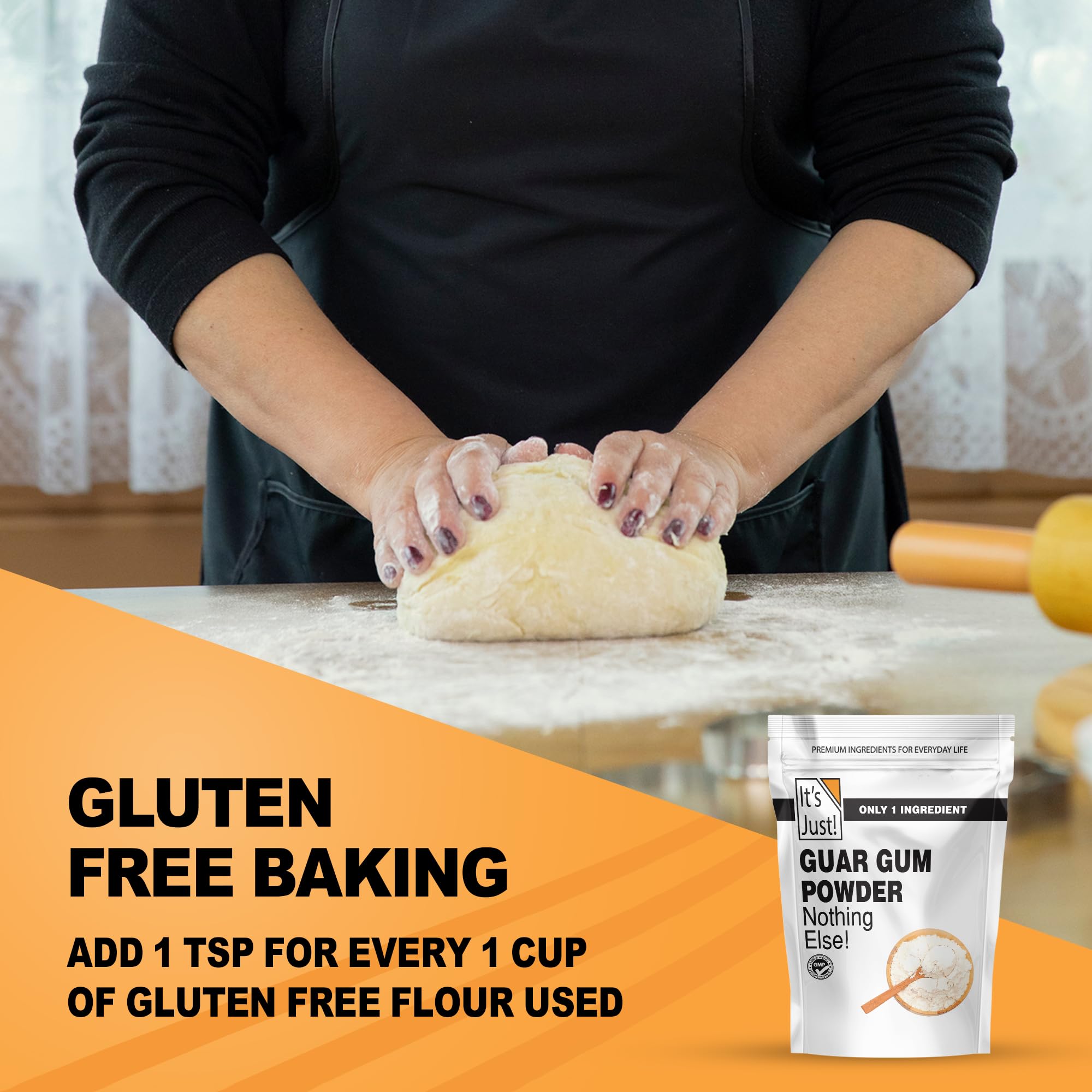 It's Just! Guar Gum 8oz package highlighting gluten-free binder for keto baking.