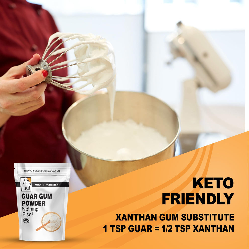 It's Just! Guar Gum measuring scoop showing plant-based thickener for sauces.