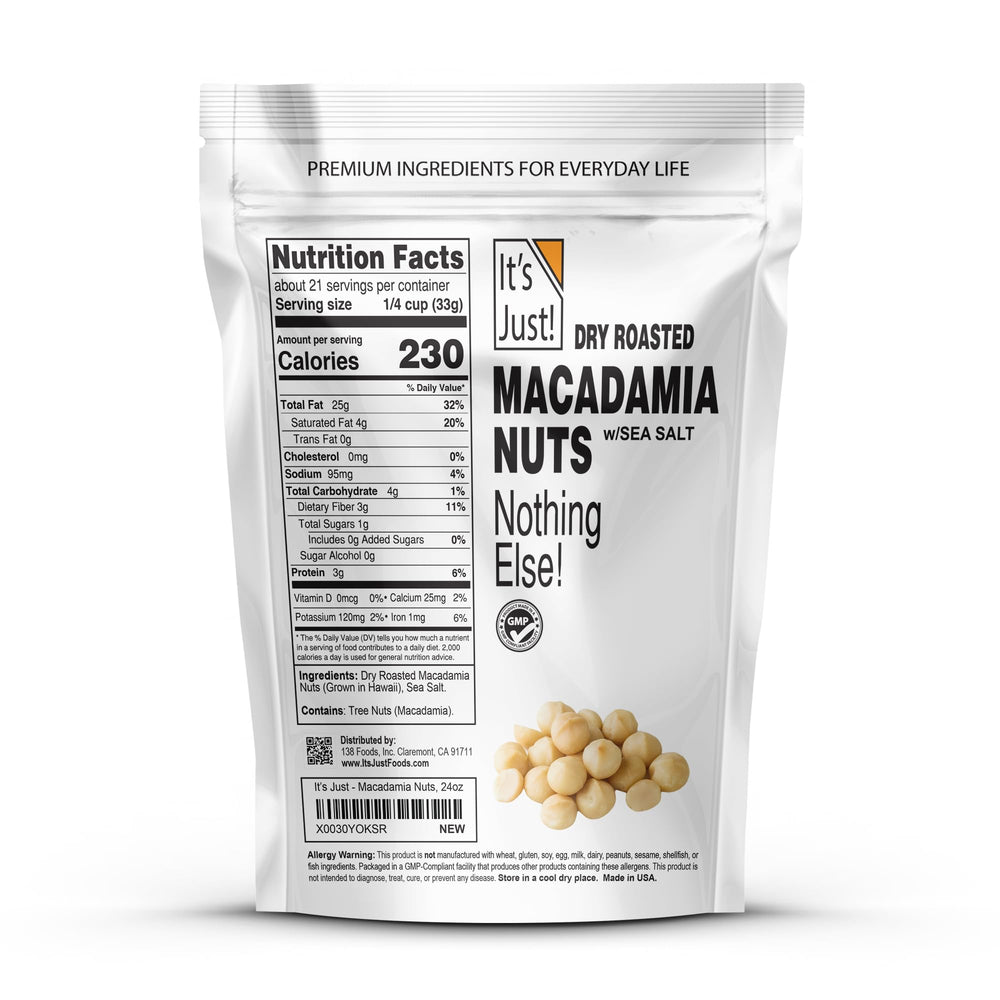 It's Just Hawaiian Macadamia Nuts dry roasted closeup highlighting creamy texture without added oils.