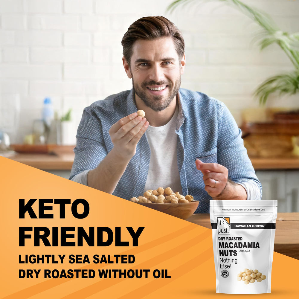 It's Just Hawaiian Macadamia Nuts lightly salted closeup emphasizing balanced sea salt flavor.