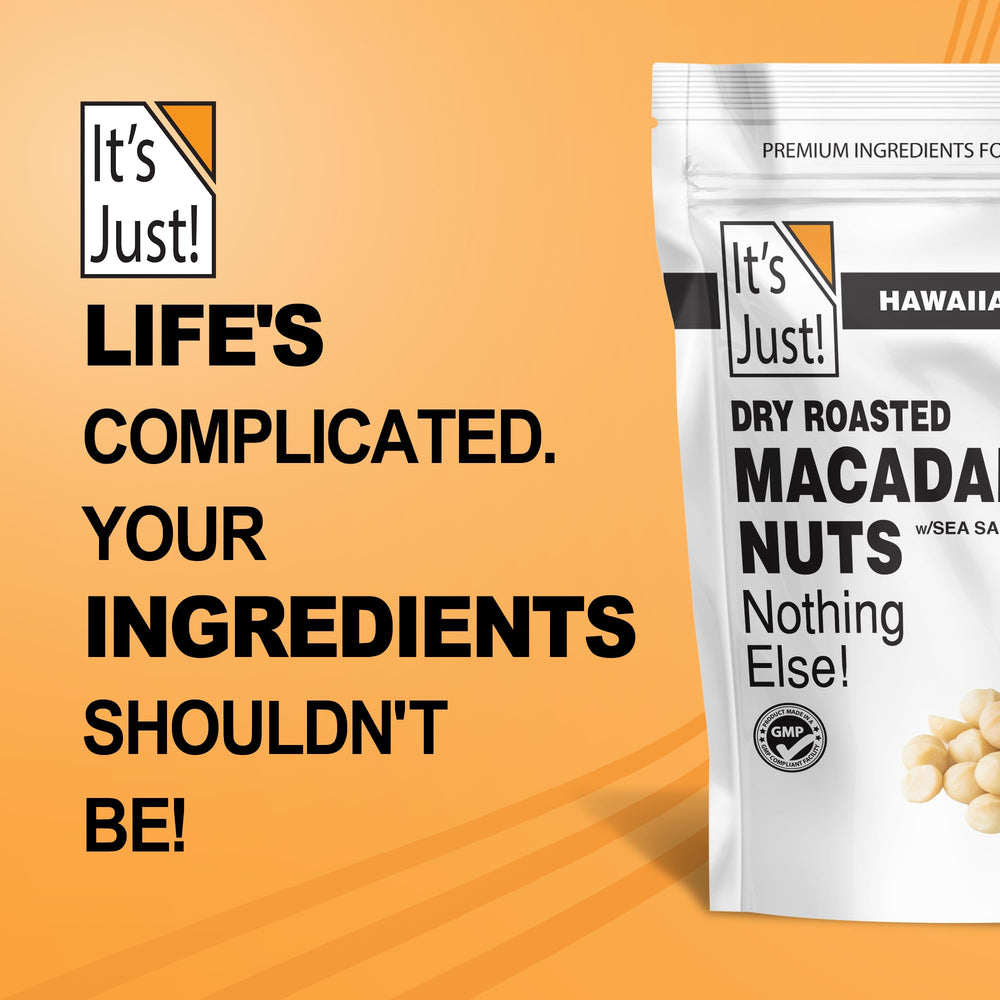 It's Just Hawaiian Macadamia Nuts resealable bag front promotes freshness and grab-and-go snacking.