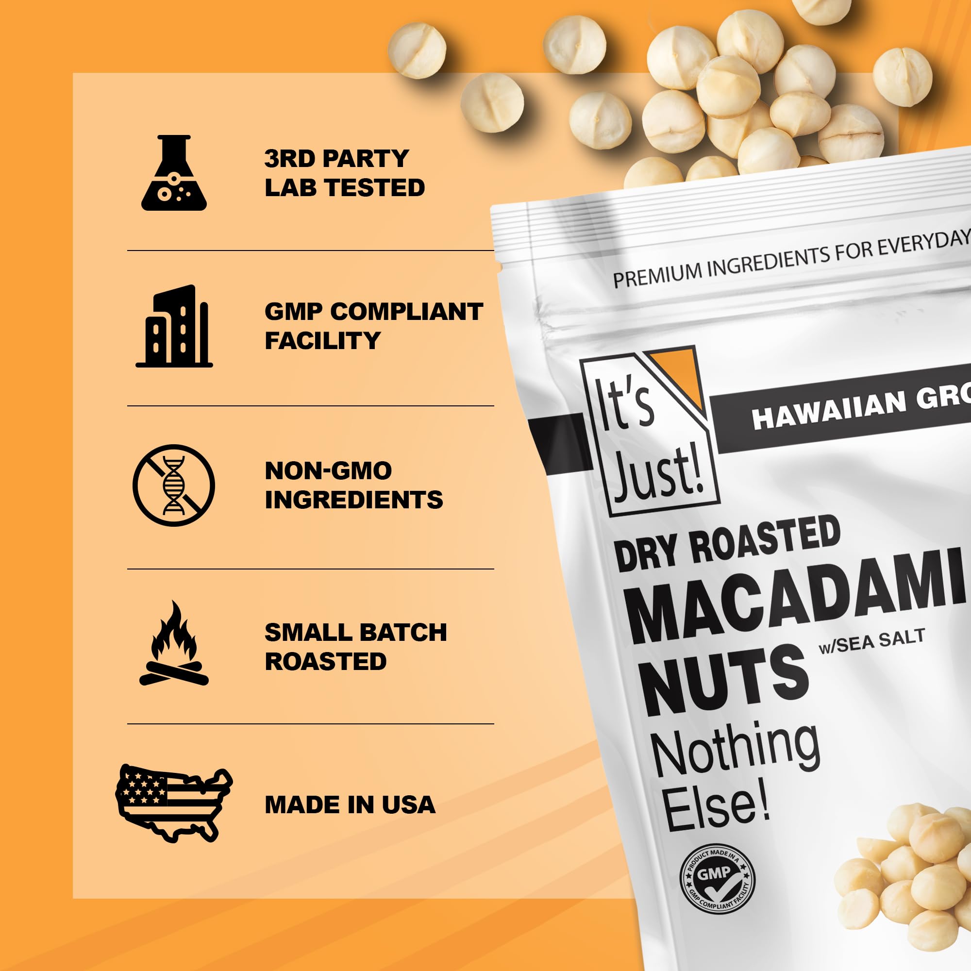 It's Just Hawaiian Macadamia Nuts sea salt sprinkle closeup shows flavor enhancement.