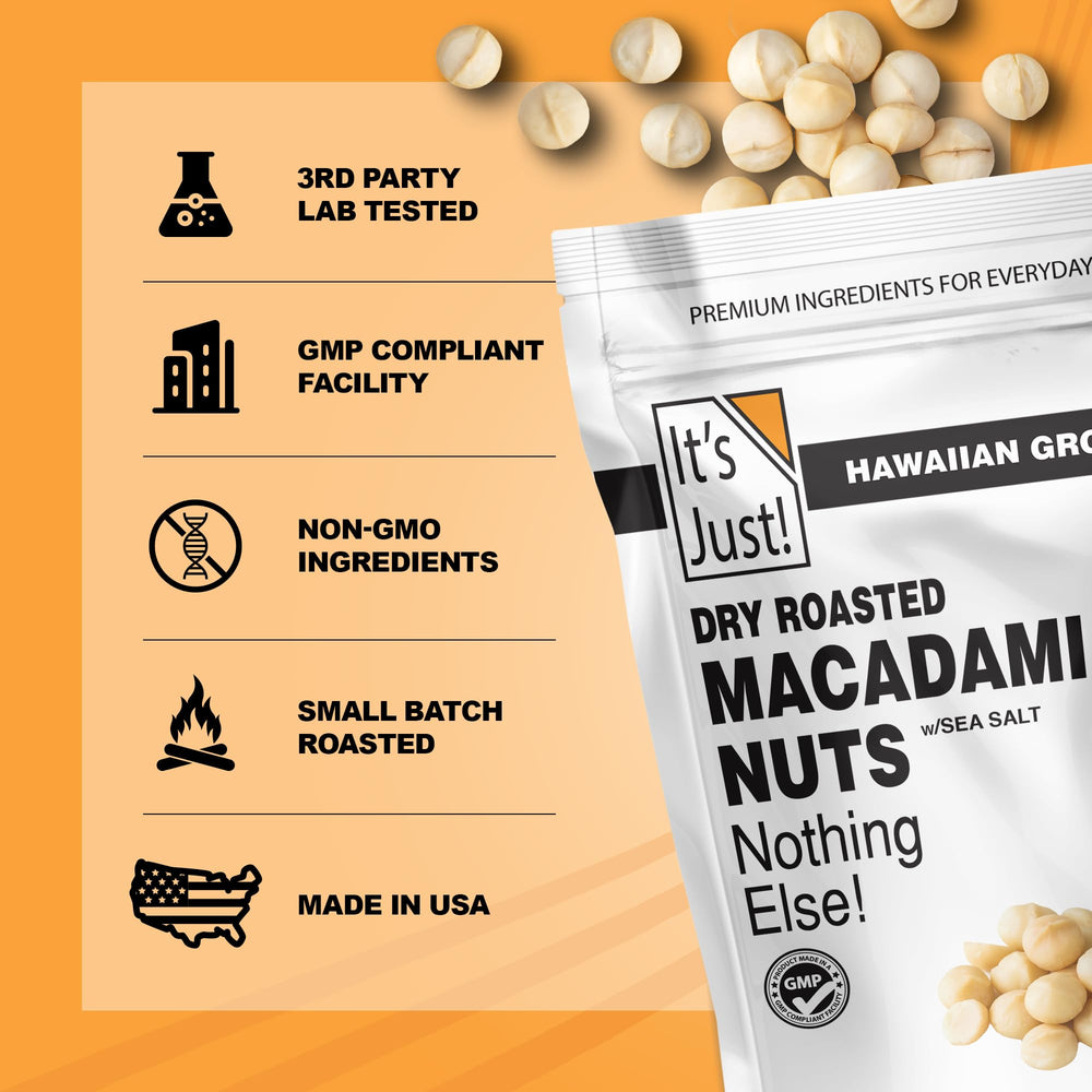 It's Just Hawaiian Macadamia Nuts sea salt sprinkle closeup shows flavor enhancement.