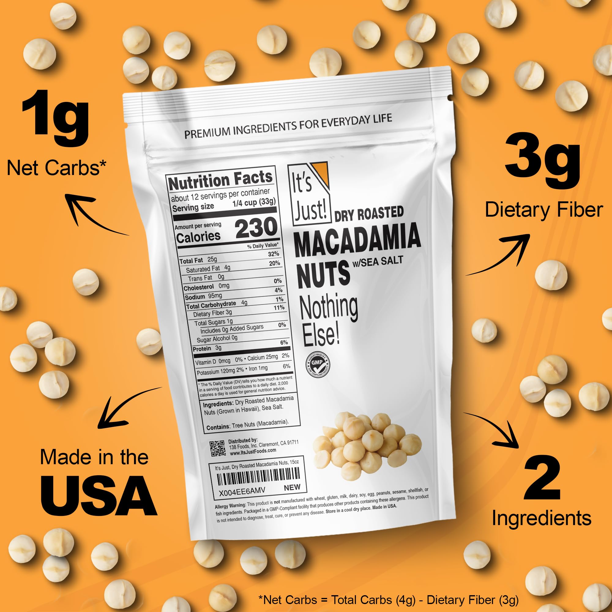 It's Just Hawaiian Macadamia Nuts USA roasted image communicates premium small-batch process.