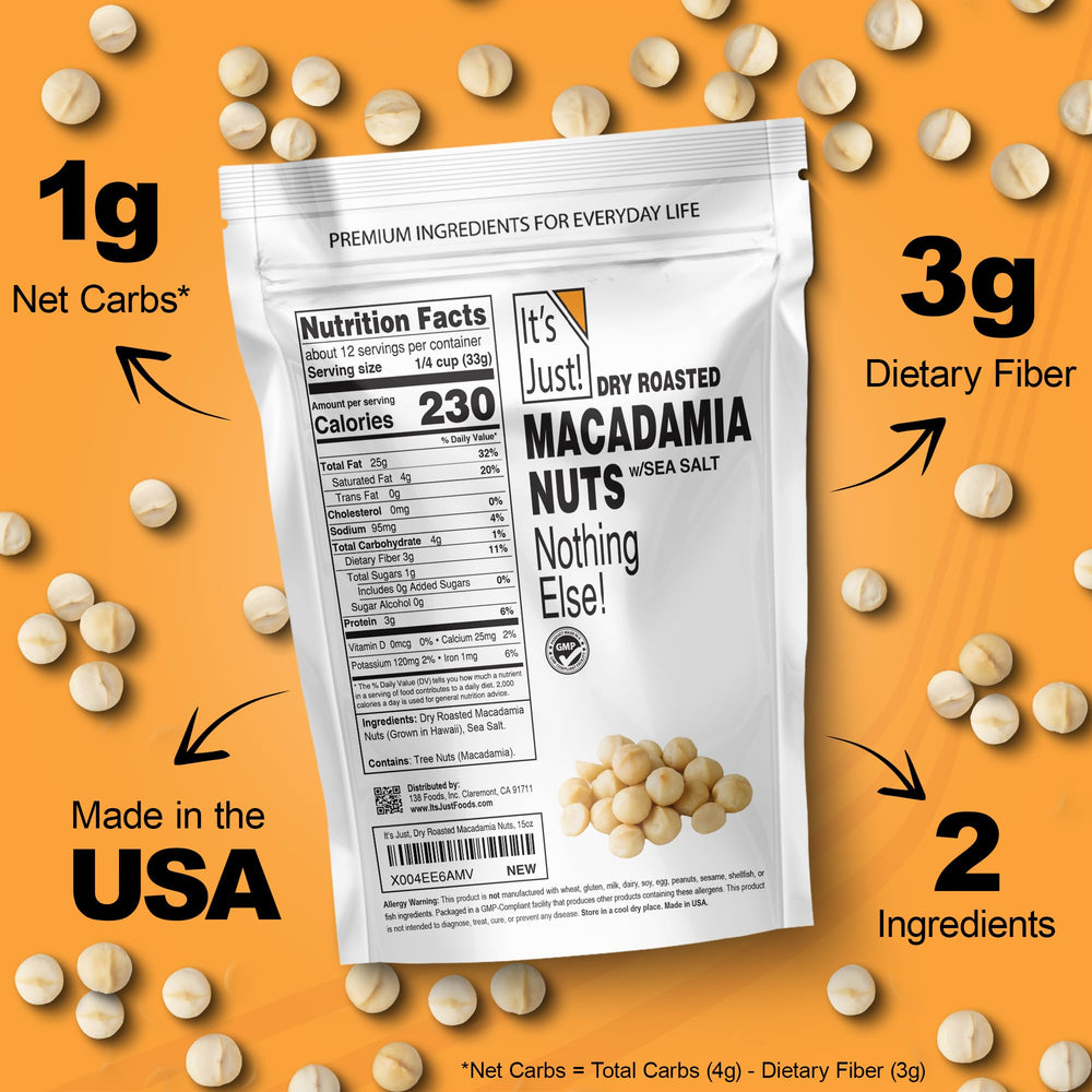 It's Just Hawaiian Macadamia Nuts USA roasted image communicates premium small-batch process.
