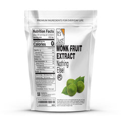 It's Just! monkfruit powder dissolving in coffee highlights zero‑calorie sweetness.