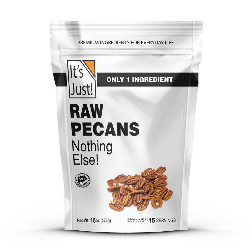 It's Just! raw pecans halves in jumbo XL pack for premium snacking.