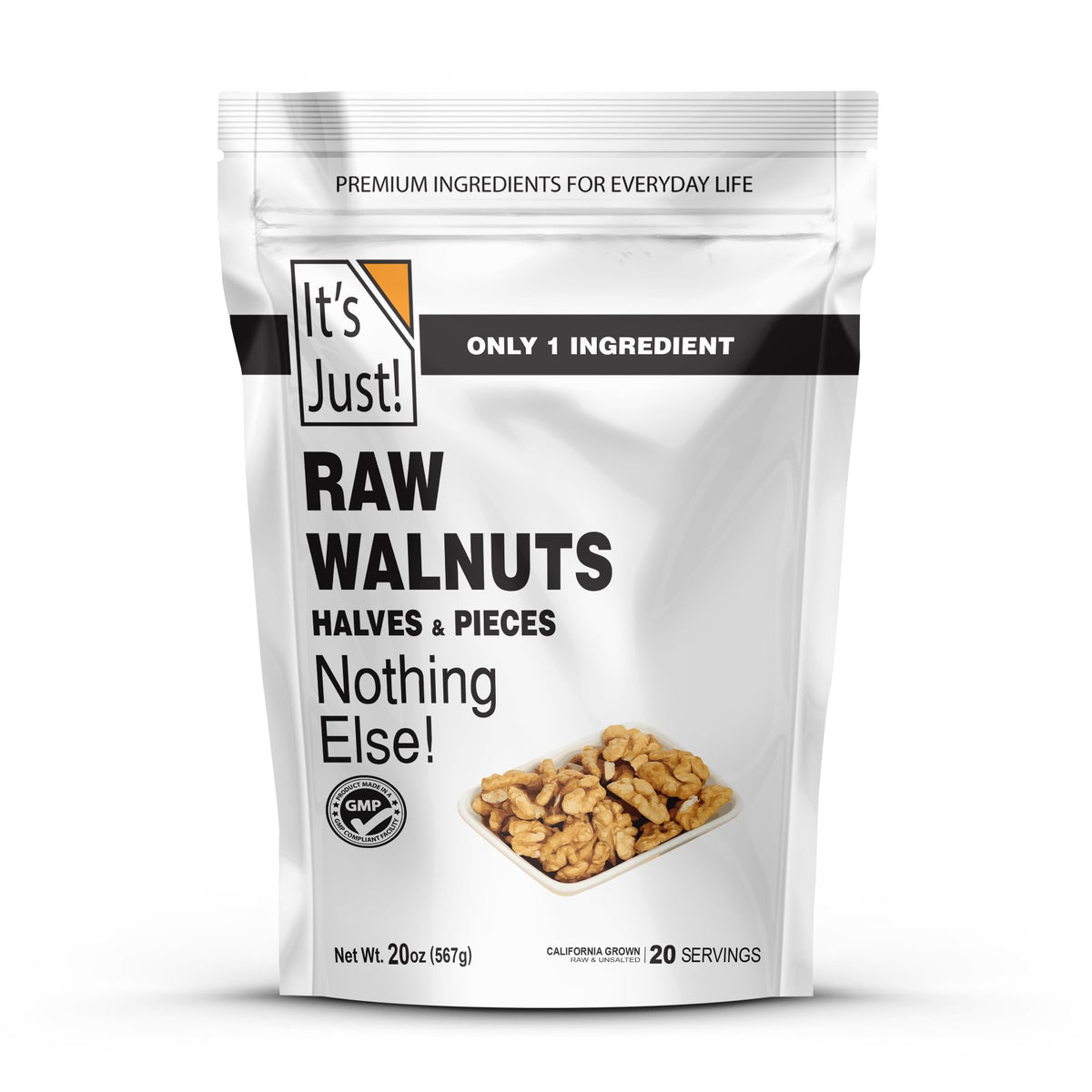 It's Just! raw walnuts bag close-up — premium unsalted, ideal for snacking.