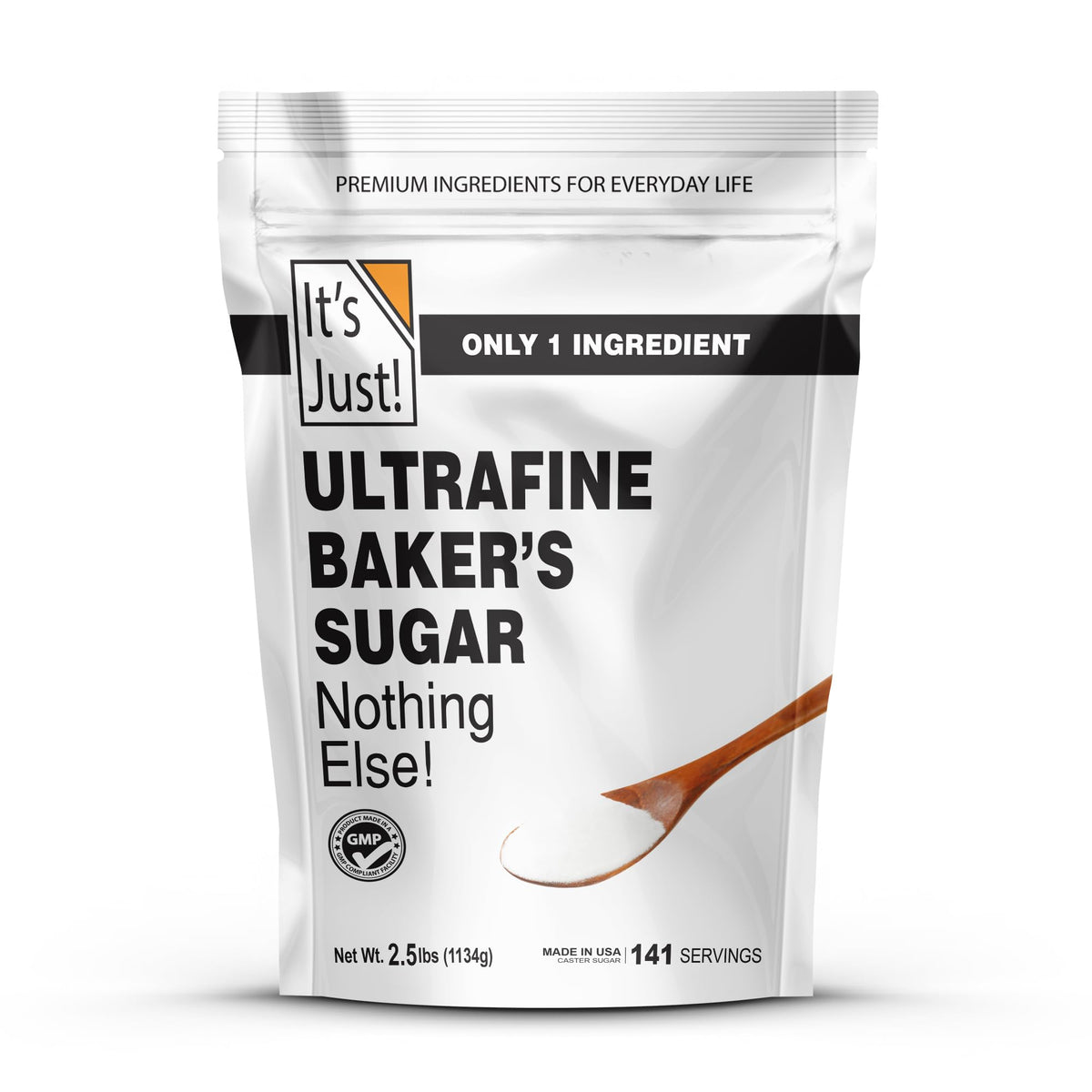 It's Just! Ultrafine caster sugar front label, premium USA-made packaging for baking.