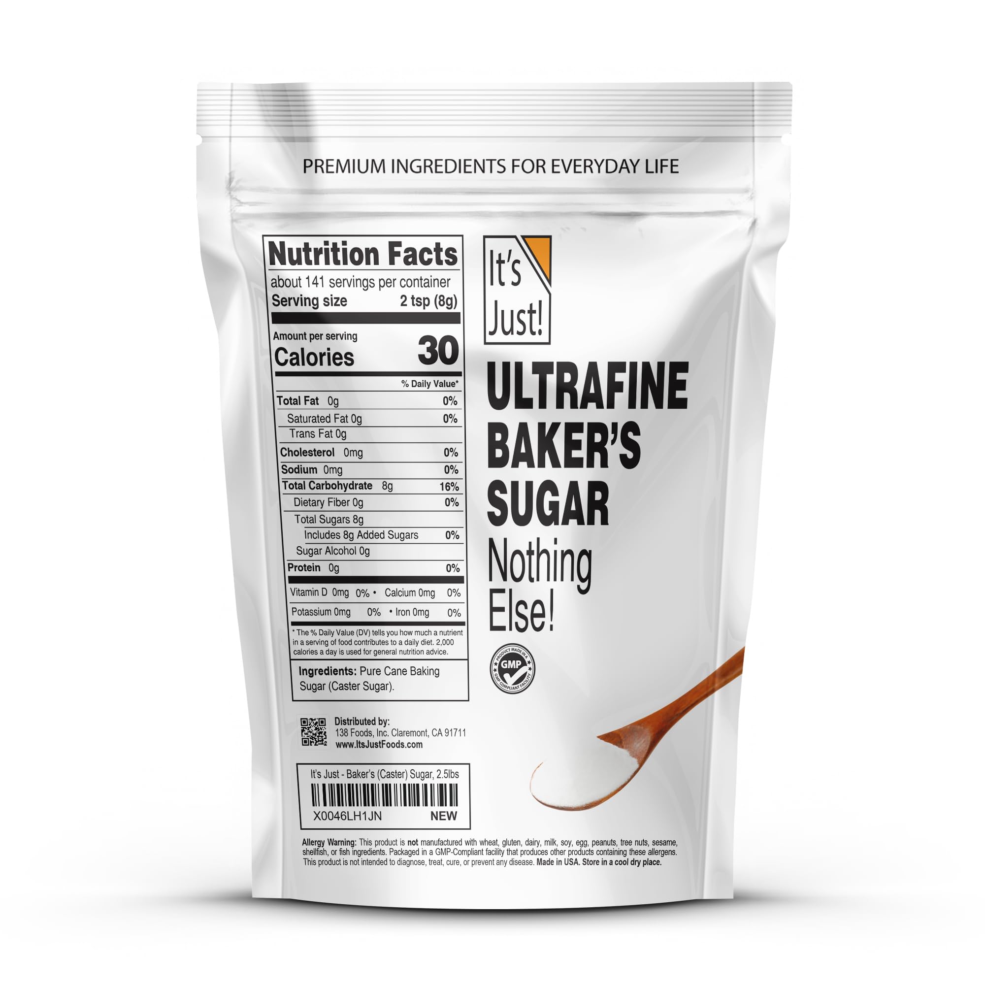 It's Just! Ultrafine caster sugar granules close-up, ultra-fine texture for quick dissolving.