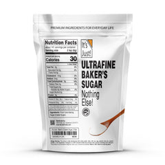 It's Just! Ultrafine caster sugar granules close-up, ultra-fine texture for quick dissolving.