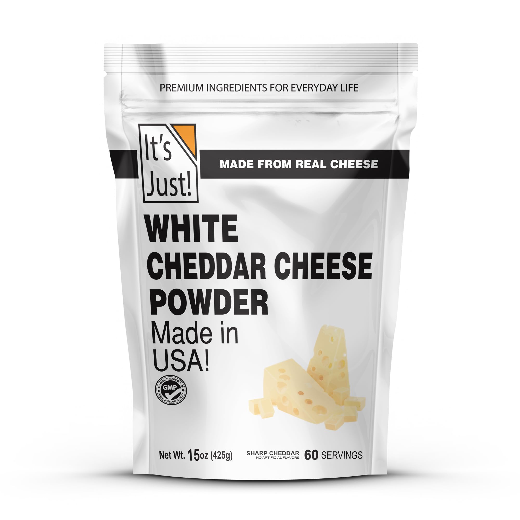 It's Just! white cheddar powder bottle in a kitchen for quick flavor boosts