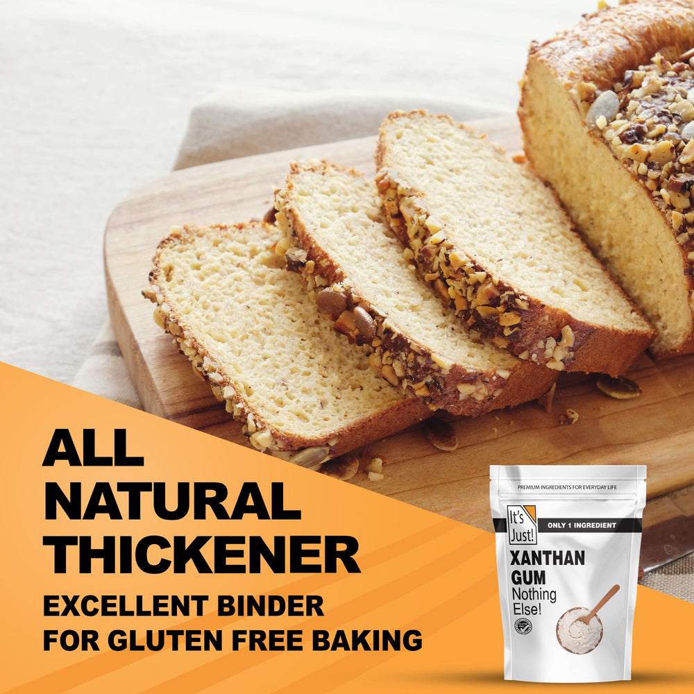 It's Just! Xanthan Gum gluten-free badge on packaging emphasizes purity