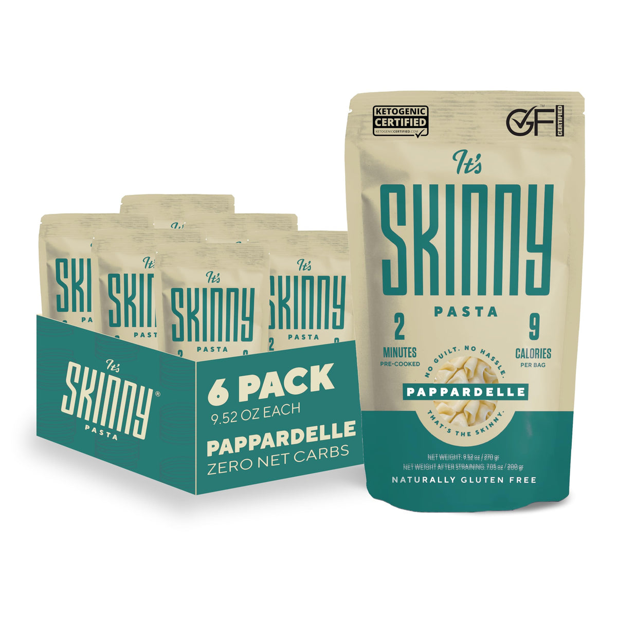 It's Skinny Pappardelle Pasta pack close-up highlighting a keto-friendly option