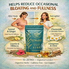 ItsHealthTea caffeine-free herbal blend close-up highlights soothing botanicals for calm digestion.