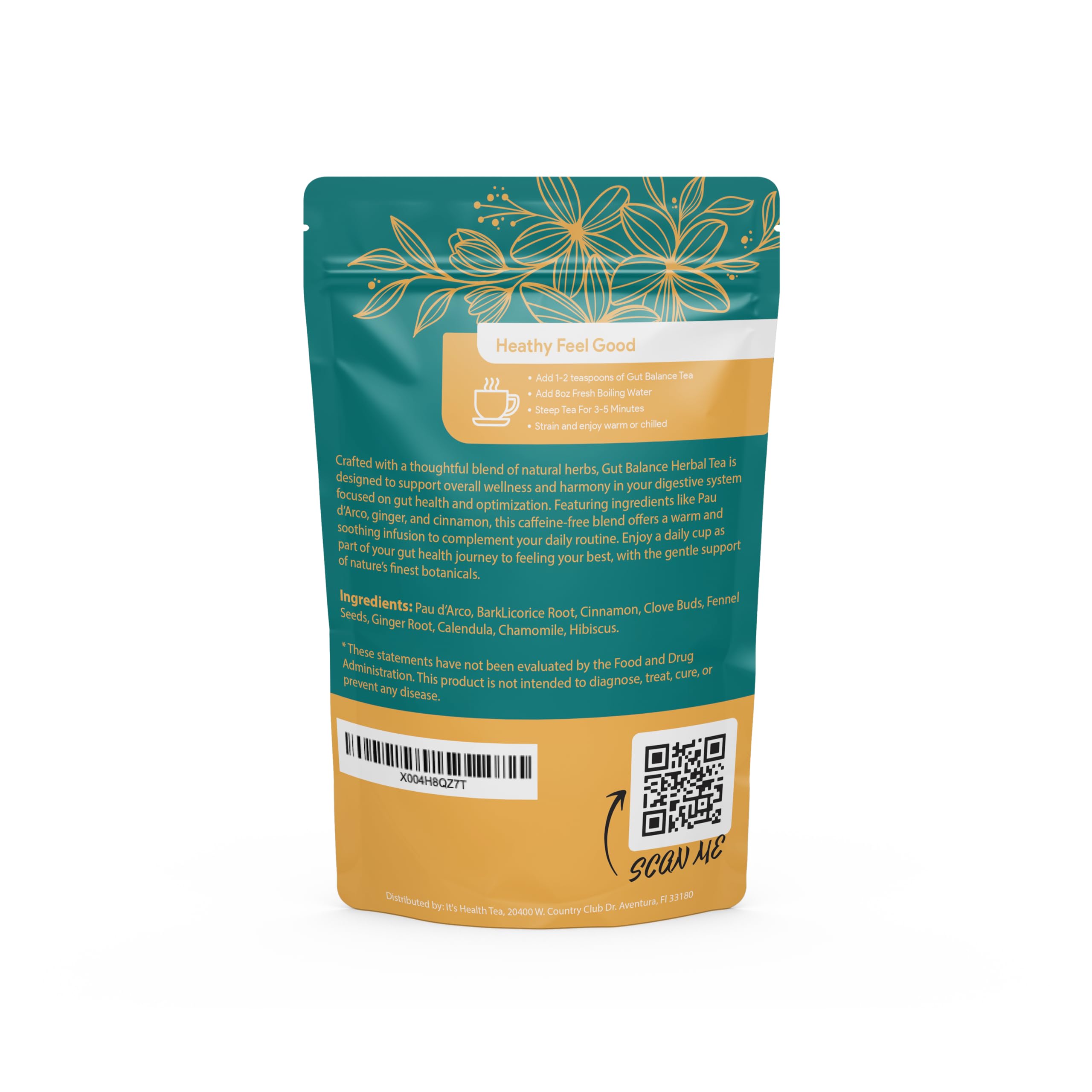 ItsHealthTea label close-up features wholesome herbs for daily wellness.