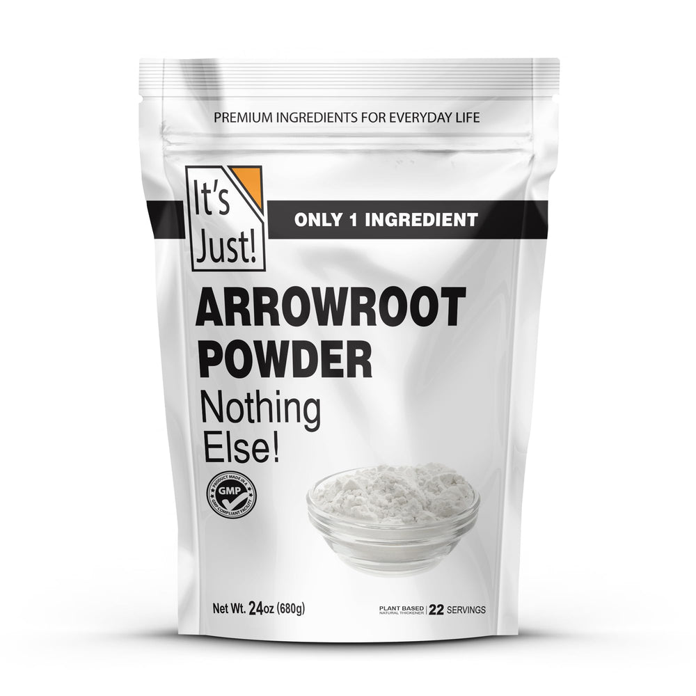 Its Just arrowroot powder pouch with resealable zipper for easy pantry storage.