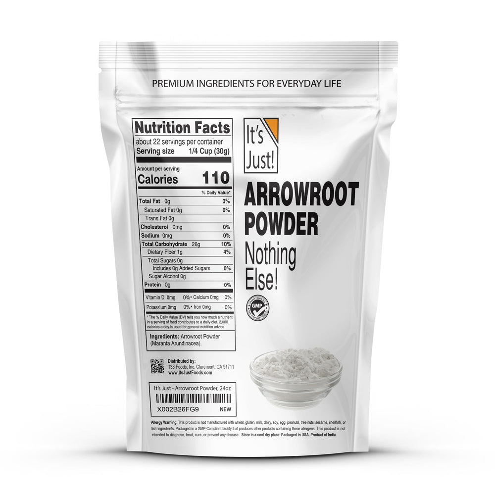 Its Just arrowroot powder with measuring scoop demonstrating versatile kitchen uses.