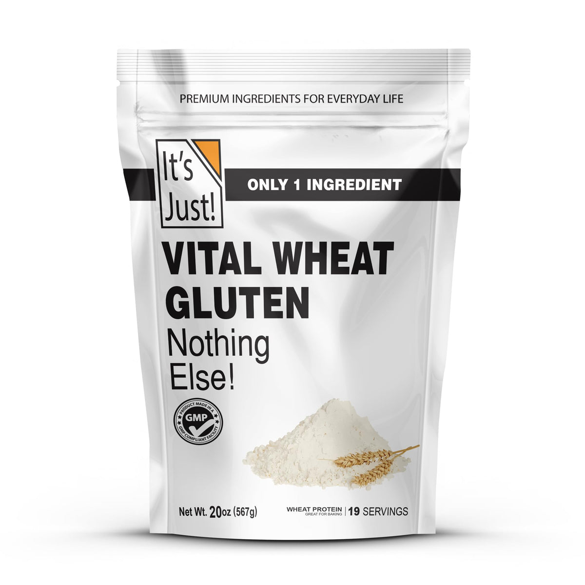 It's Just! Vital Wheat Gluten Flour bag boosts dough strength for bakery-style loaves.