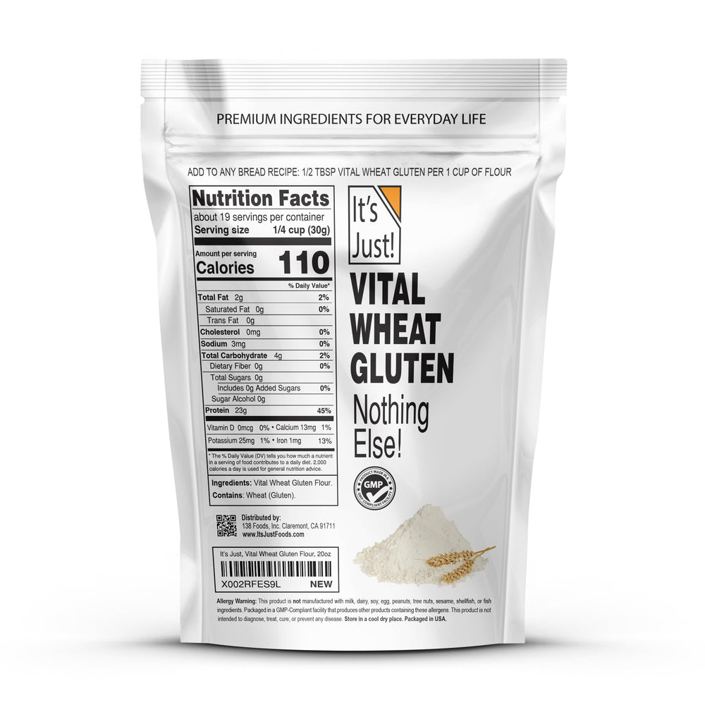 It's Just! Vital Wheat Gluten Flour dough texture enhances elasticity for chewy breads.