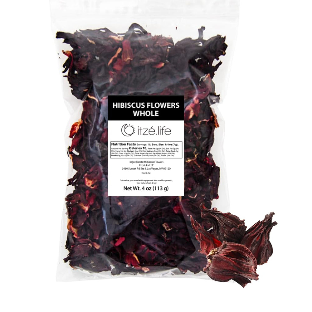 Itzé.Life hibiscus flowers whole in resealable packaging for fresh flavor.