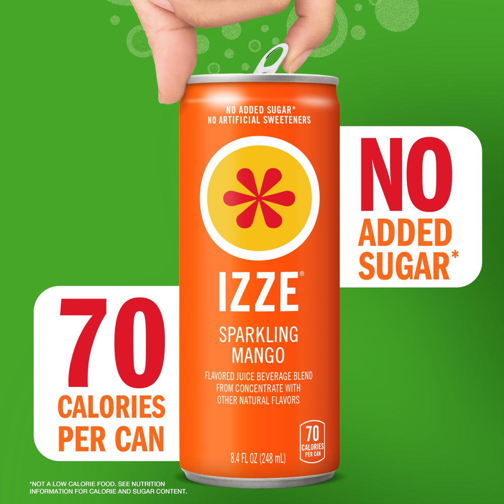 IZZE Mango can shows 70 calories per can for mindful sipping.