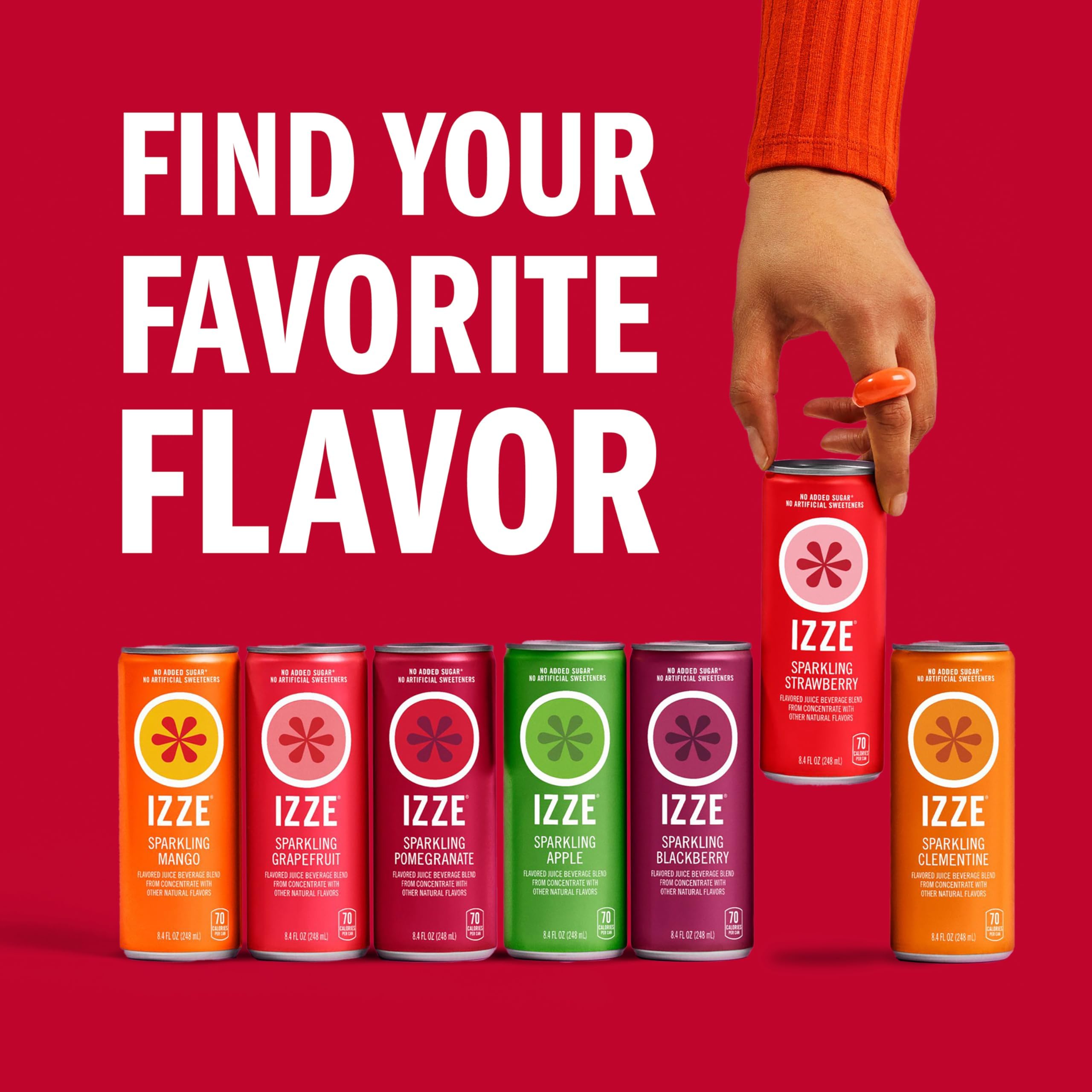 Chilled IZZE can beside a glass, implying instant refreshment and on-the-go convenience.