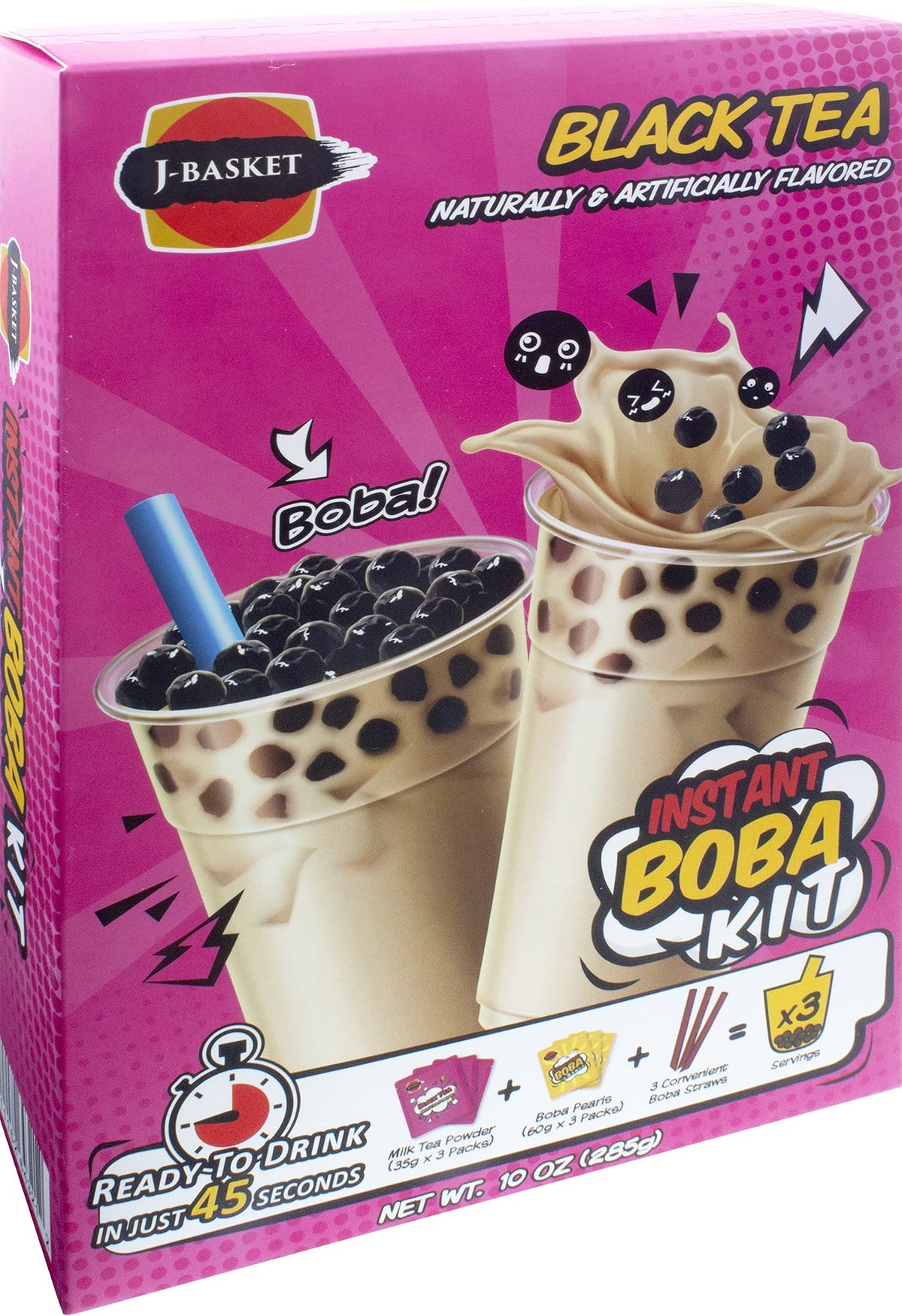 J-BASKET Black Tea Boba Kit contents shown for quick prep and tasting.