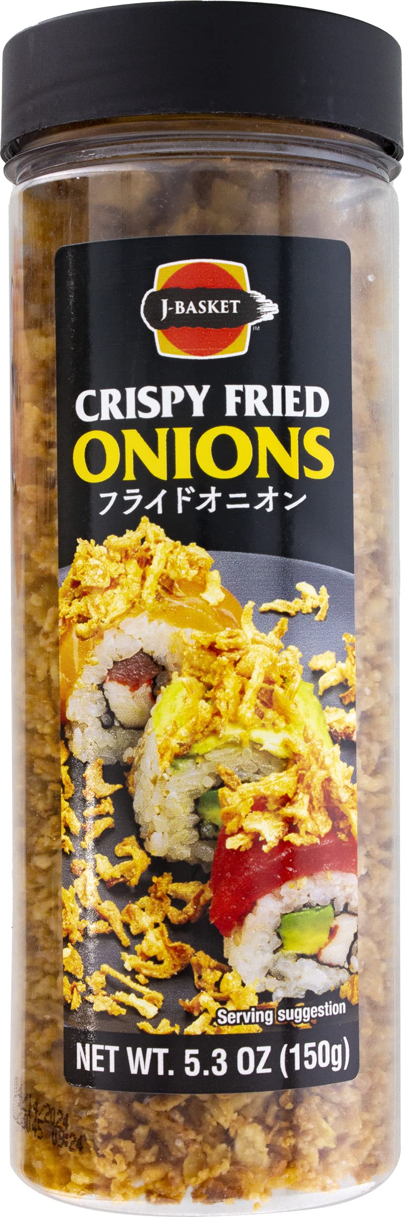 J-BASKET Crispy Fried Onions close-up, a savory crunchy topping for burgers and salads.