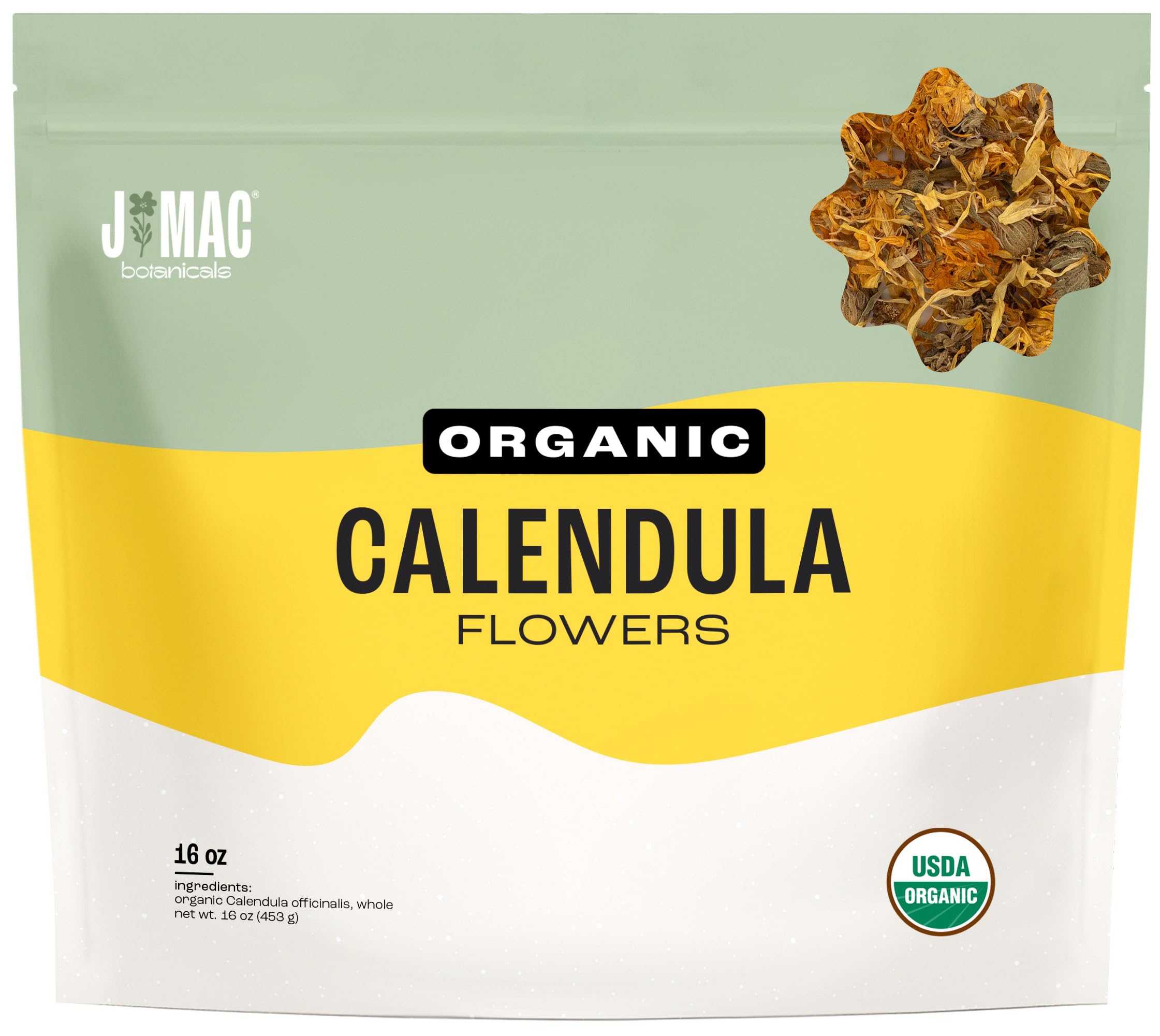 J Mac Botanicals calendula dried flowers bulk for tea, garnish, or potpourri.