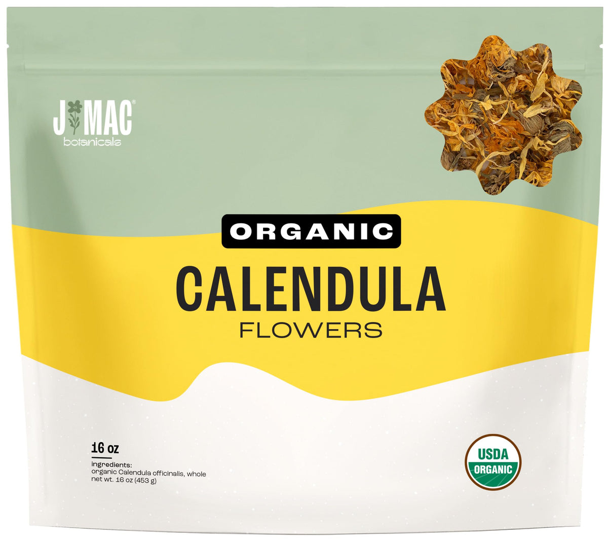 J Mac Botanicals calendula dried flowers bulk for tea, garnish, or potpourri.