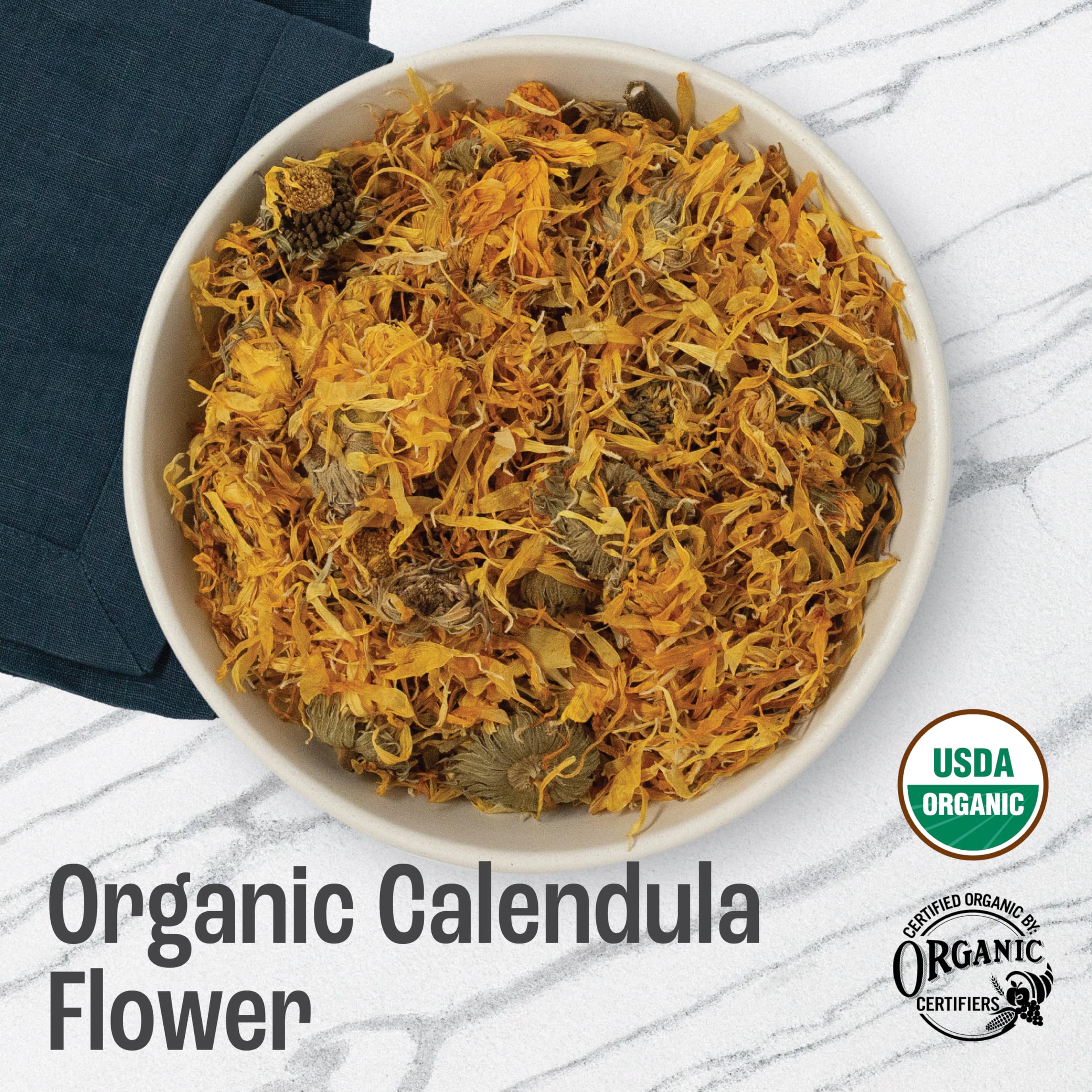 J Mac Botanicals calendula petals closeup ideal for infusions or cosmetic crafts.