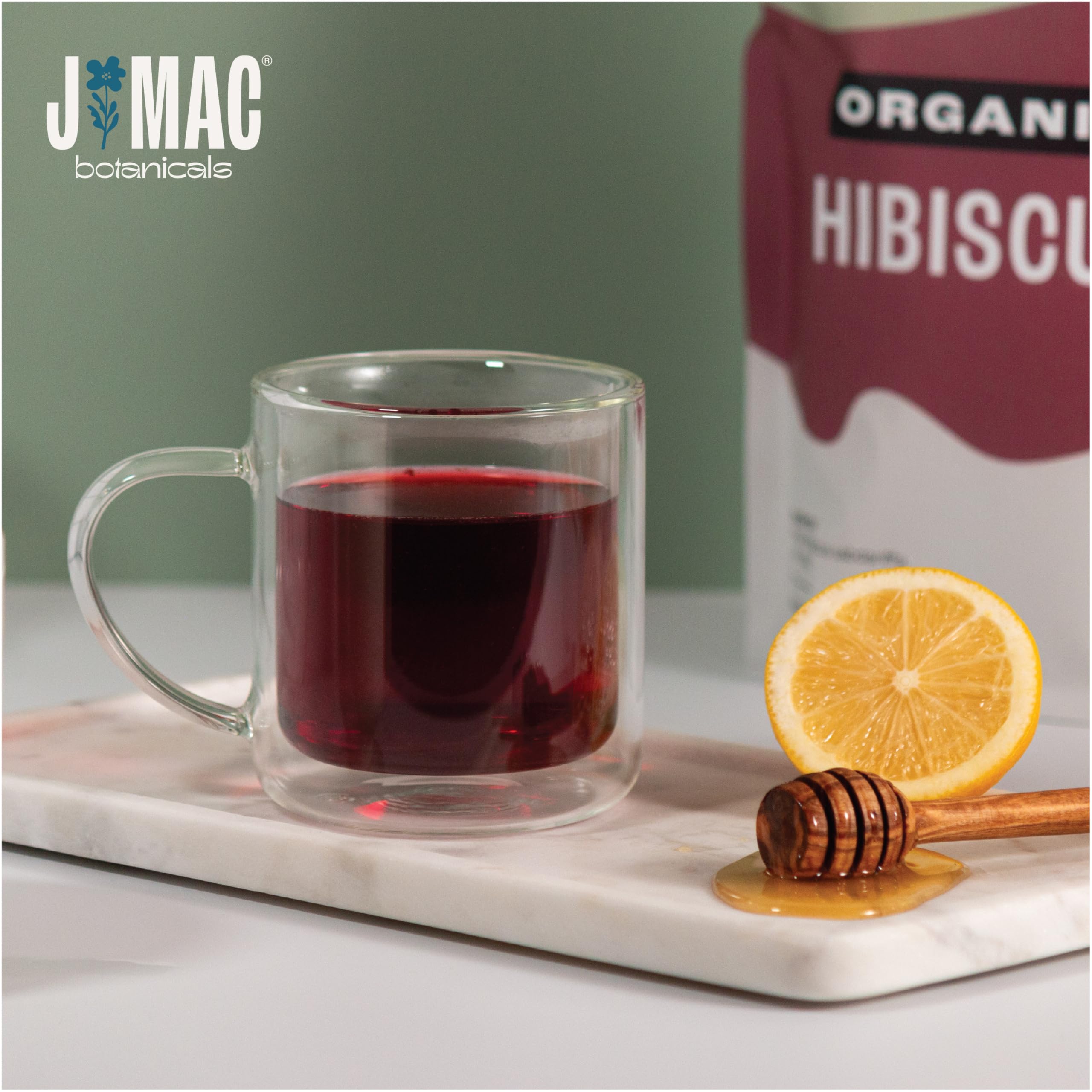 J Mac Botanicals cut and sifted hibiscus flowers for easy brewing