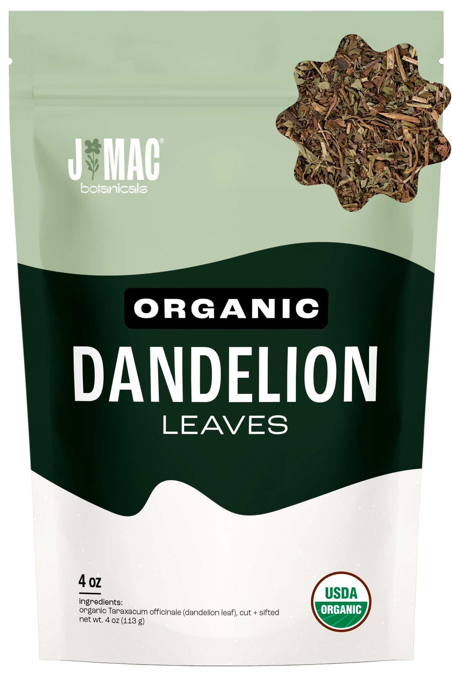 J Mac Botanicals dandelion leaves bag — resealable packaging for fresh herbal use.
