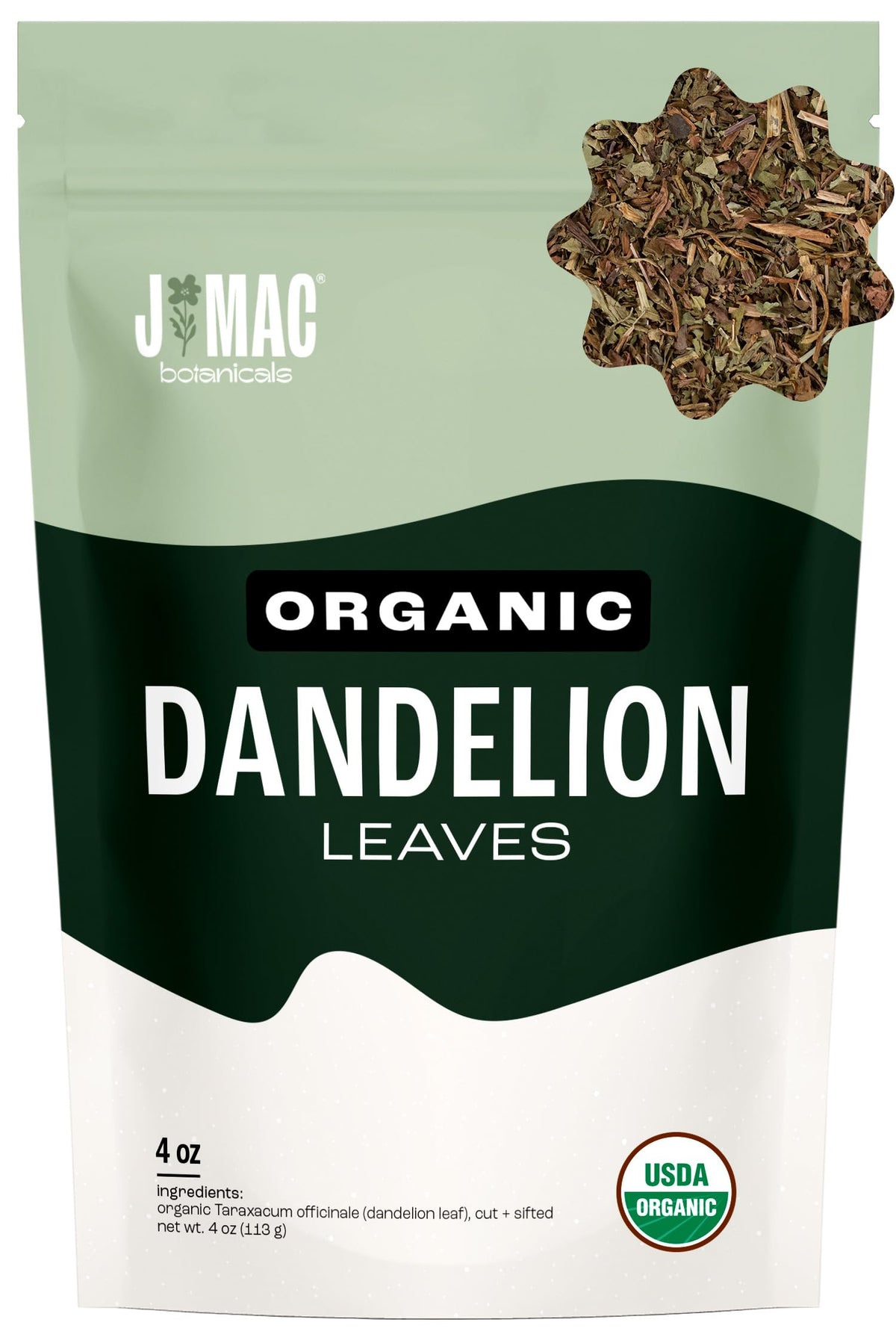 J Mac Botanicals dandelion leaves bag — resealable packaging for fresh herbal use.