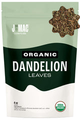 J Mac Botanicals dandelion leaves bag — resealable packaging for fresh herbal use.