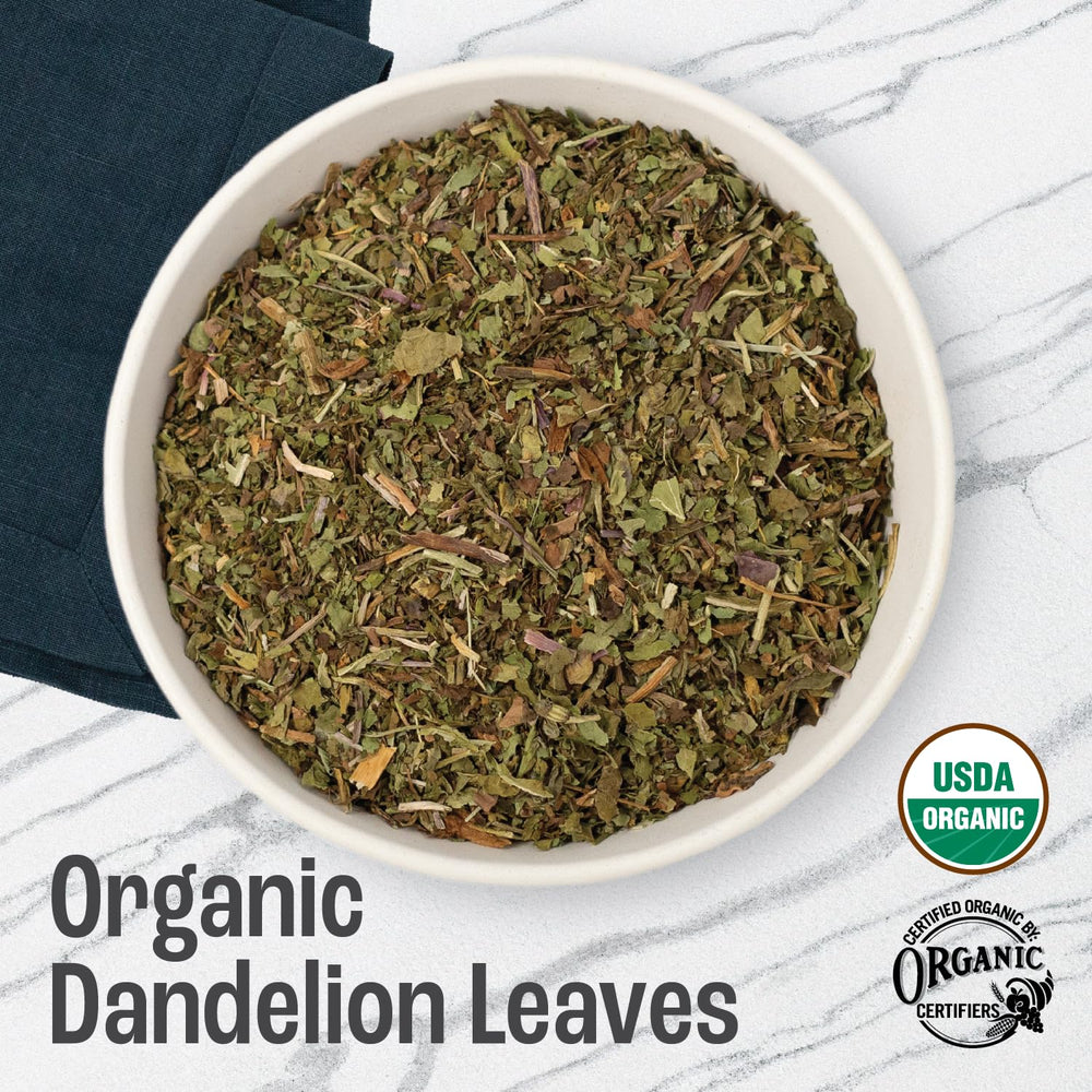 J Mac Botanicals dandelion leaves close-up — textured cut-and-sifted leaves ready for tea.