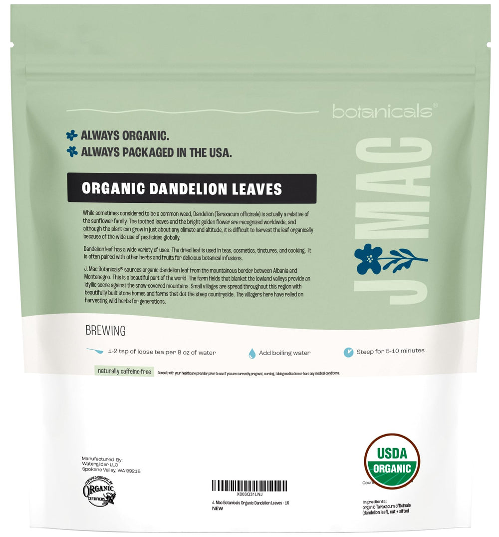 J Mac Botanicals dandelion leaves resealable bag design keeps your tea fresh.