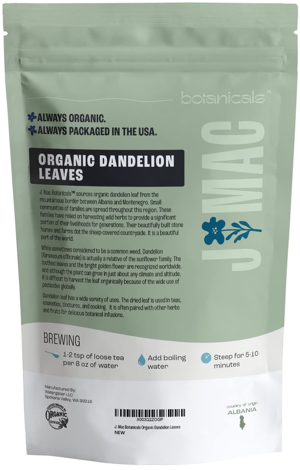 J Mac Botanicals dandelion leaves for soups and broths — adds earthiness and aroma.