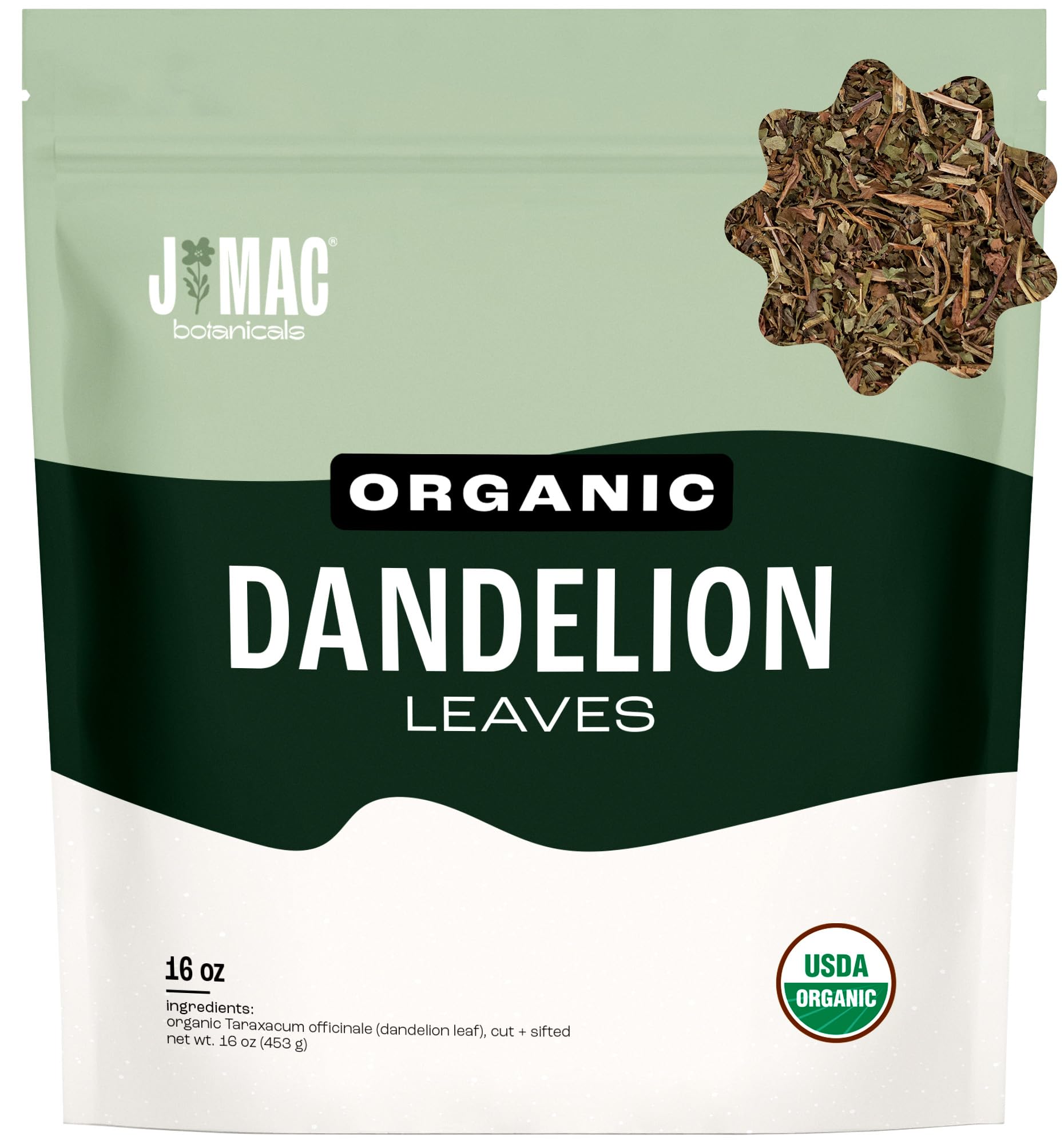 J Mac Botanicals dandelion leaves cut-sifted, ideal for caffeine-free tea blends.
