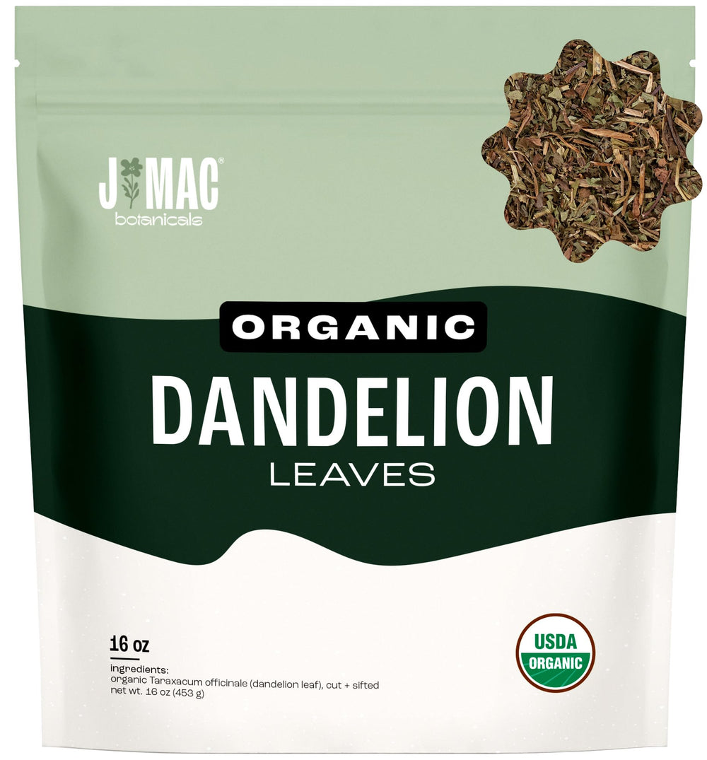 J Mac Botanicals dandelion leaves cut-sifted, ideal for caffeine-free tea blends.