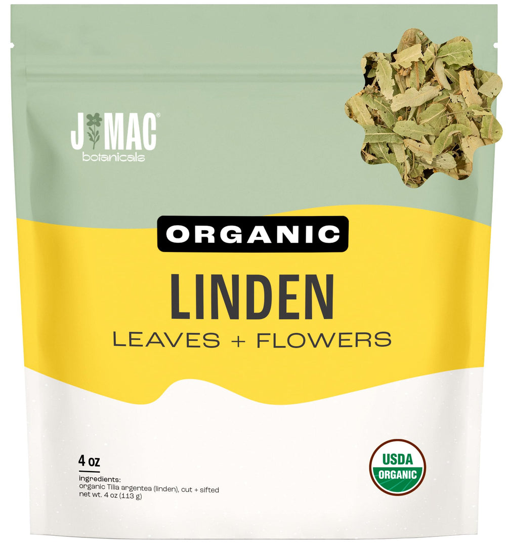 J Mac Botanicals Linden leaf and flower front packaging, ideal for a caffeine-free herbal tea