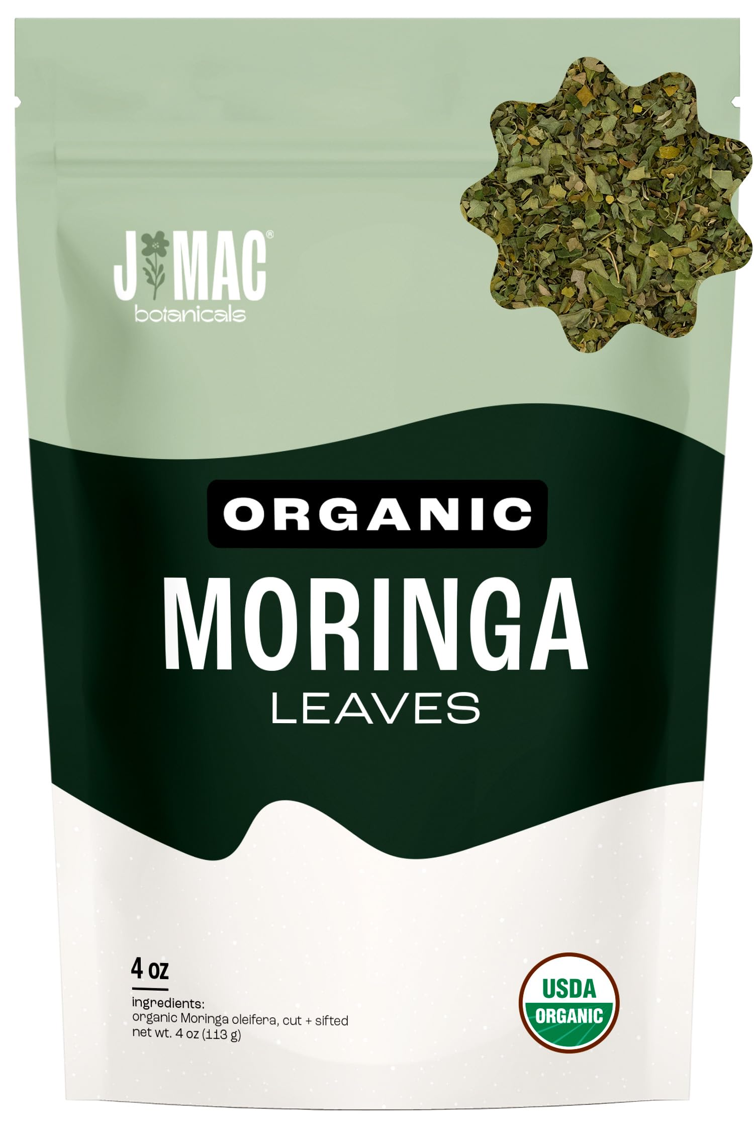 J Mac Botanicals organic moringa leaves bulk bag for easy daily tea