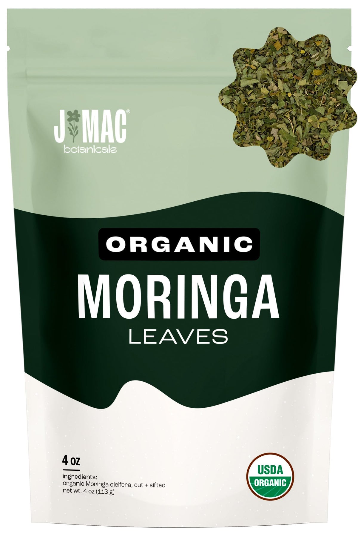 J Mac Botanicals organic moringa leaves bulk bag for easy daily tea