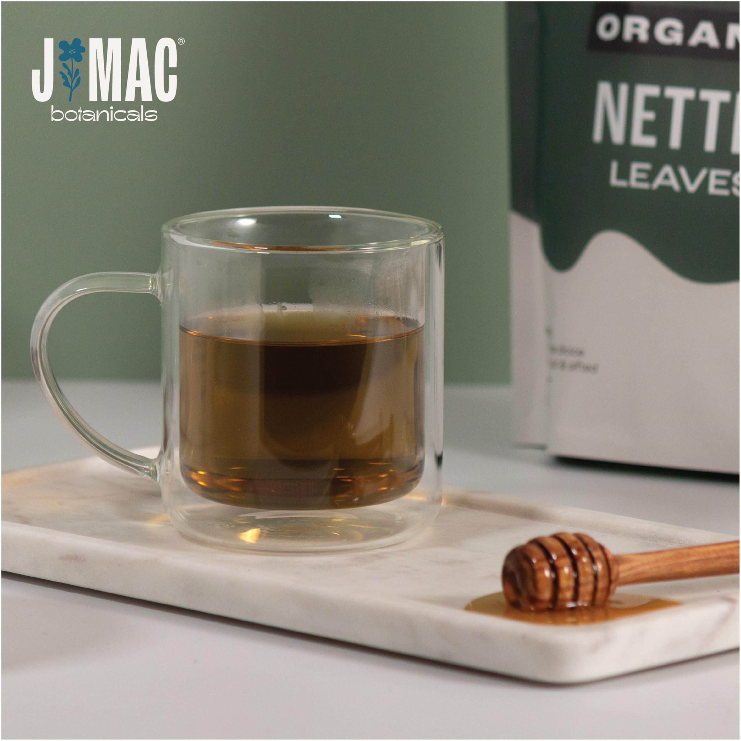 J Mac Botanicals nettle leaf tea bag ready for brewing