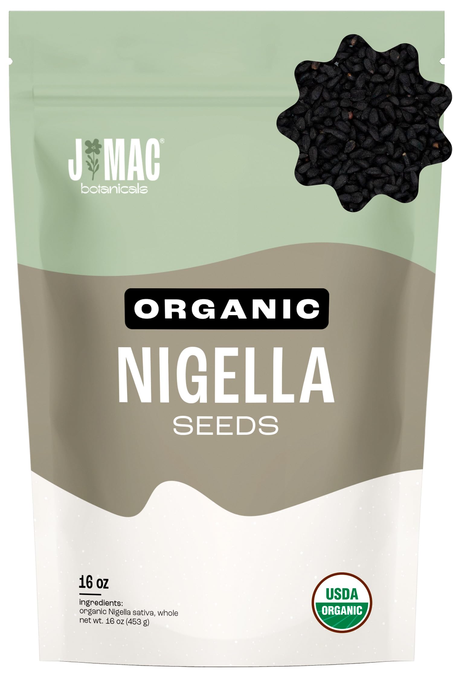 J Mac Botanicals Nigella seeds packaging in resealable pouch for fresh flavor.