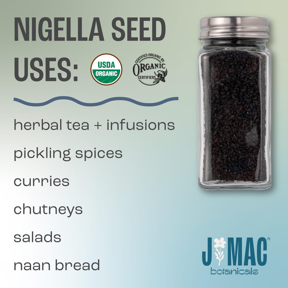 J Mac Botanicals Nigella seeds label shows USDA organic certification.