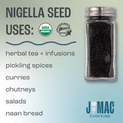 J Mac Botanicals Nigella seeds label shows USDA organic certification.
