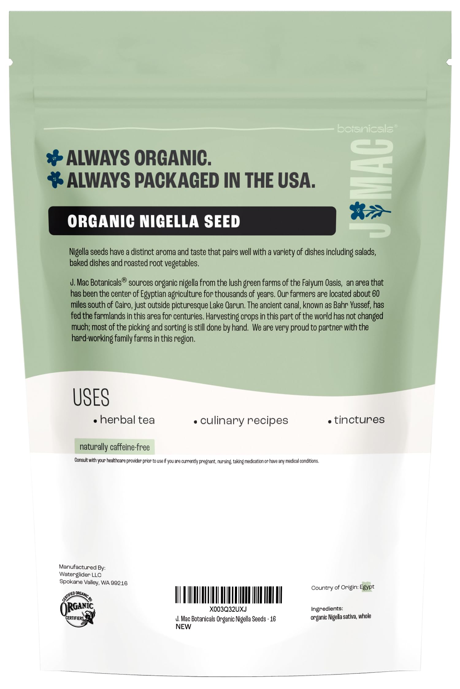 Nigella seeds resealable pouch by J Mac Botanicals for easy storage.