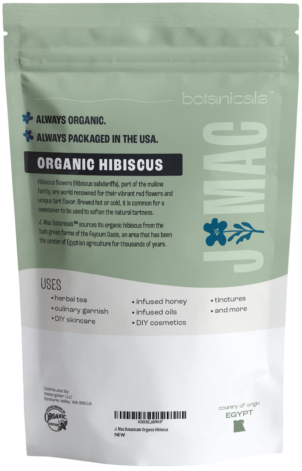 J Mac Botanicals one-pound bulk hibiscus packaging for storage.